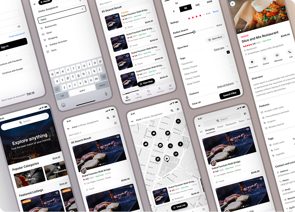 Directorist mobile app onboarding and directory interface designs